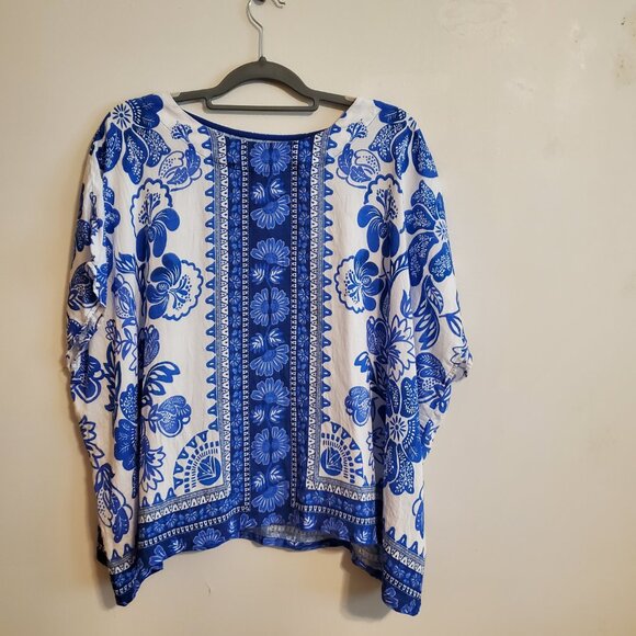 Umgee Floral Border Pattern Round Neck Short Sleeves Oversized Blouse Blue  L - Picture 5 of 14